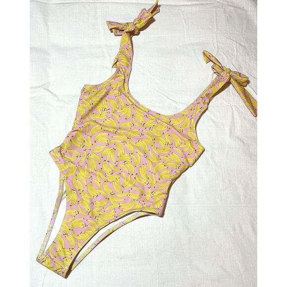 NEW Brittany Allen Tie Shoulder Pink Yellow Banana One Piece Swimsuit Size S - Picture 1 of 4